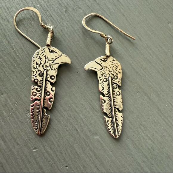 AJM Navajo Sterling Silver Eagle Feather Earrings - Picture 2 of 6